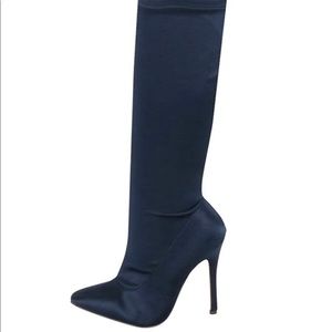 Navy Blue Satin Thigh High Boots